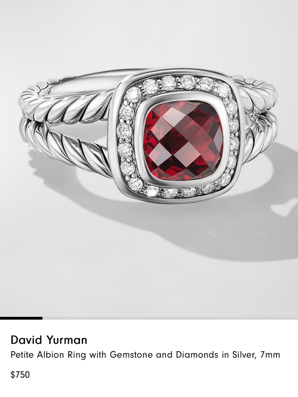 David Yurman Petite Albion Ring with Garnet and Diamonds in Silver, 7mm.